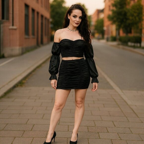 Up All Night Black Ruched Satin Off Shoulder Crop Top & Mini Skirt Set Sz S - Picture 1 of 4